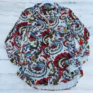 2OH Threads Silk Velvet Button Up Shirt Medium Hippie Flocked Paisley Semi-Sheer